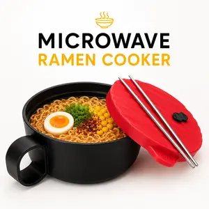 40 Oz BPA-Free Microwave Noodle Cooker Set - Bowl with Lid, Chopsticks, Handle - Ramen, Pasta Use - Dorm, Home Kitchenware Steamer Cookware Gift-Ready