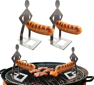 Fun BBQ Grill Men's Hot Dog Rack Stainless Steel Sausage Rack for Barbecue Camping and Parties Black 2 Piece Portable Reusable Kitchenware Food Material Stable Base Funny Shape