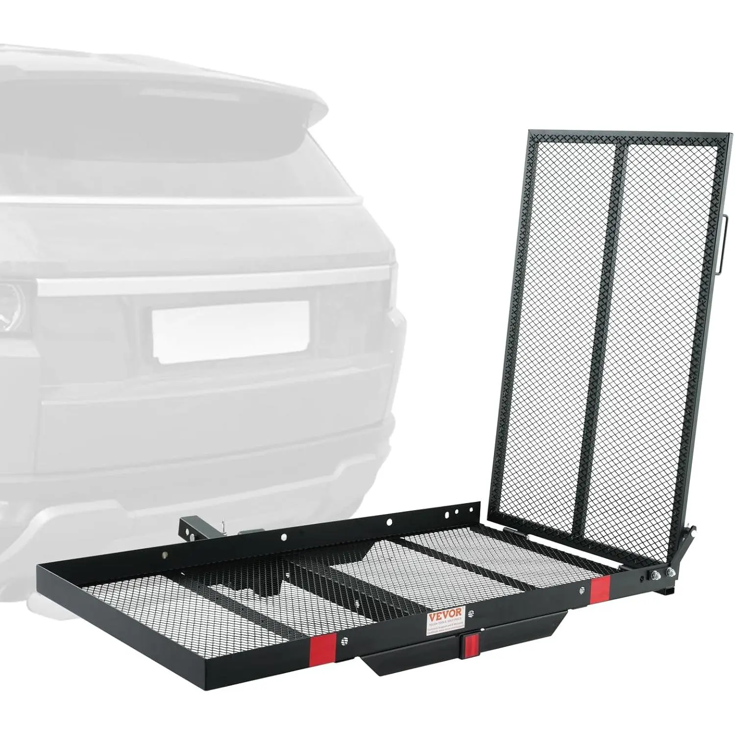 VEVOR Hitch Mount Cargo Carrier & Folding Ramp, Iron Hitch Rack Basket with Stabilizer and Straps, 500LBS Mobility Scooter Carrier Fit 2" Hitch Receiver, 45.3 x 25.6-inch