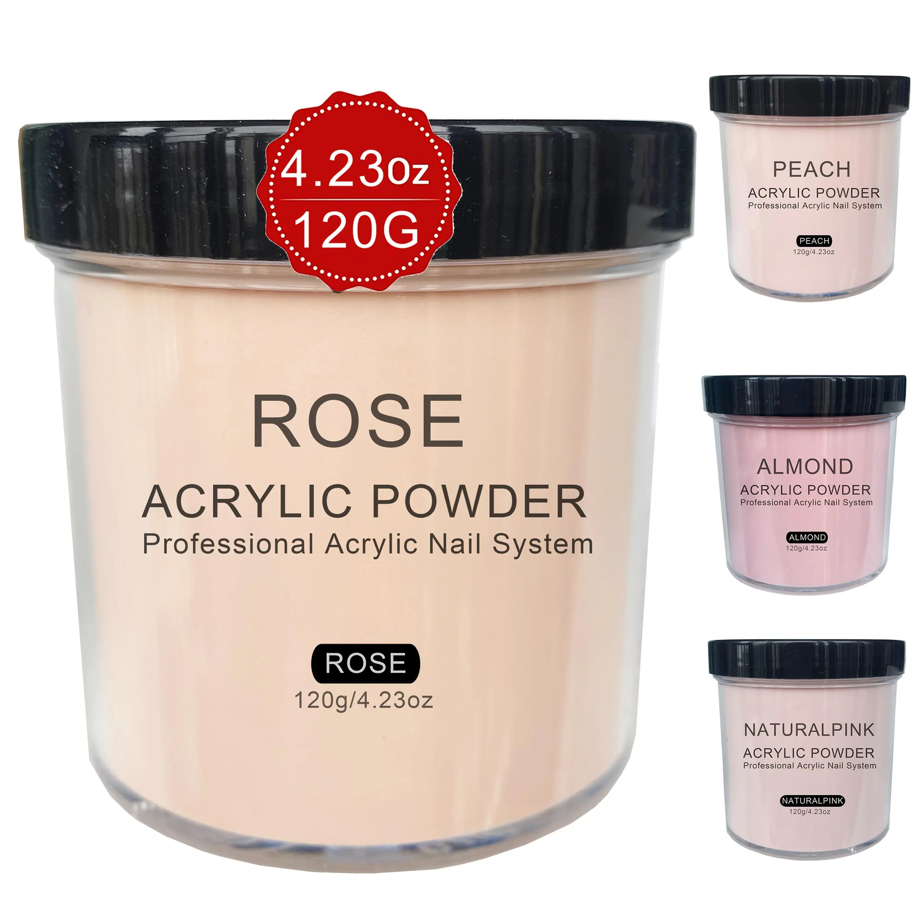 Professional Acrylic Nail Powder Set 4oz 4 Colors Rose Peach Almond Natural Pink for Nail Extension Sculpting 3D Carving Formaldehyde-Free Durable Sealed Jar Gift Box Sleek Premium Design