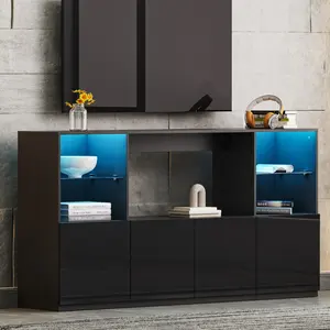 ON-TREND High Gloss TV Stand with LED Lights, Modern Sideboard with Large Storage Cabinet, Media Console with Tempered Glass Shelves for TVs up to 75", Living Room, Black, 67"Wx13.7"D