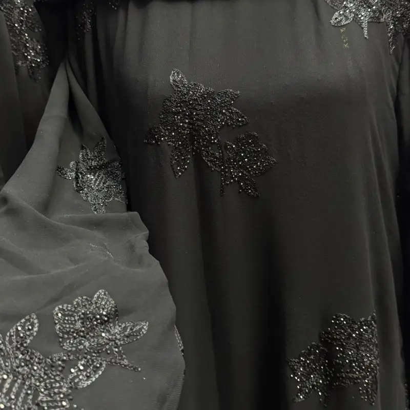Close Abaya - black  Color with Floral Embroidery, Comfortable Fit, Versatile Style for Various Occasions Elegant Crescent