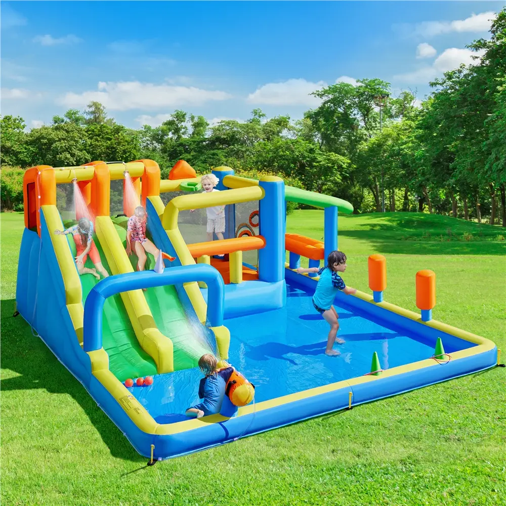 Costoffs 10-in-1 Inflatable Water Slide, Outdoor Backyard Water Park for Kids with Double Slides, Climbing Wall, Deep Pool & Sun Awning, Includes Storage Bag and 750W Blower, Ages 3–8