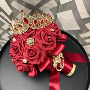 Burgundy and Gold Quince Ramo - Sweet 16 Bouquet - wedding bridal bouquet - matching crown Quincenara