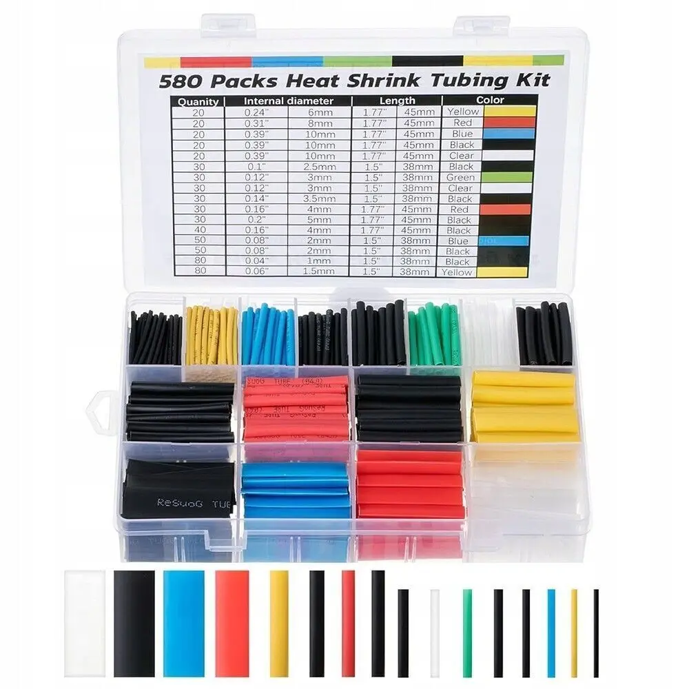 580 Pcs HEAT SHRINK Tubing Sleeve 2:1 Shrinkable Tube Wire Cable Assortment Kit