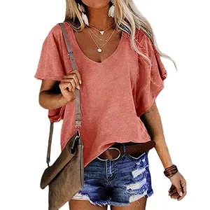 Flamingals Women's Solid T-Shirt with Ruffle Armholes