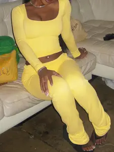 Women's Long Sleeve Square Neck Flare Pants Set, Casual Home Wear, Comfortable Slim Knit Loungewear, Stylish and Cozy for Daily Use