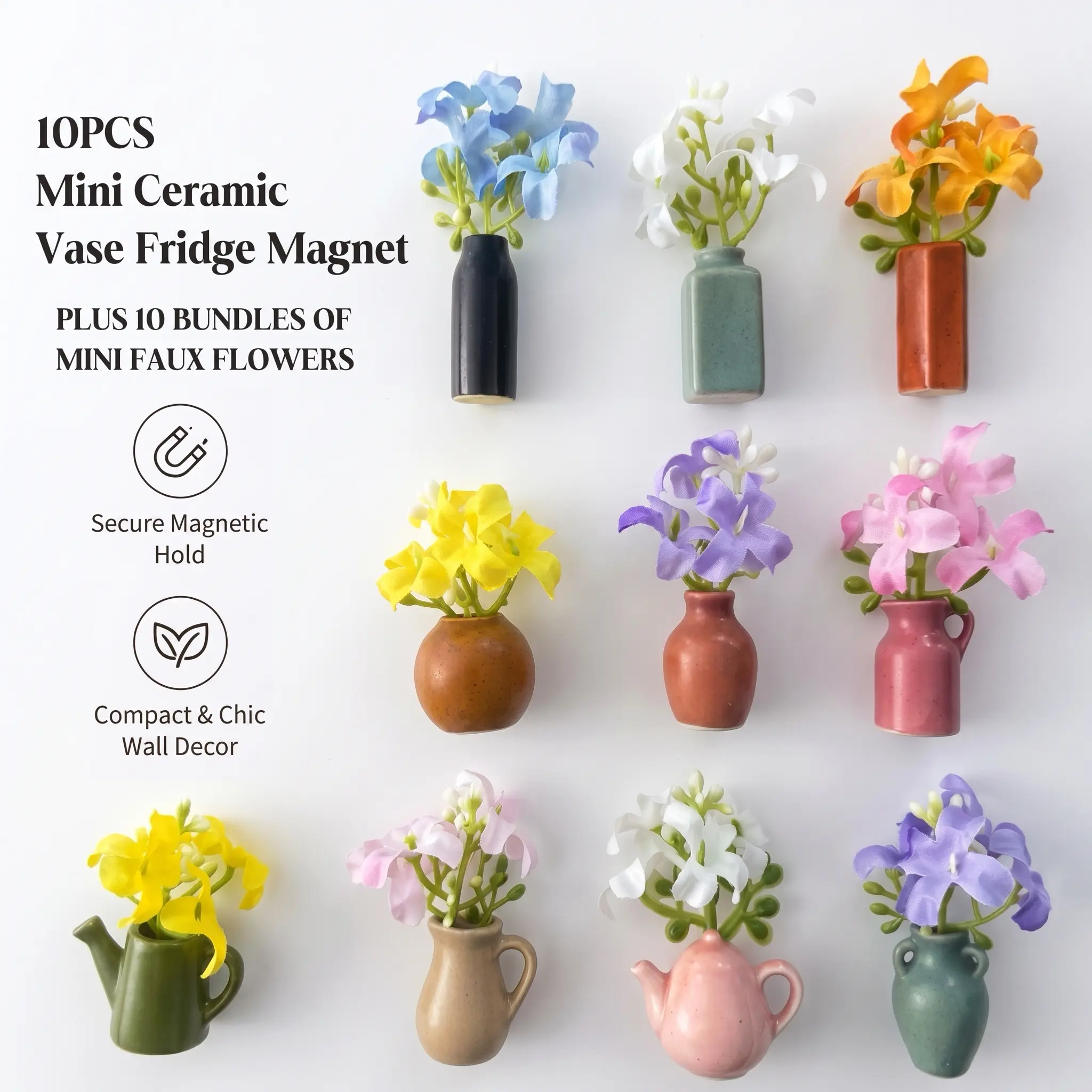 10PCS Decorative Magnetic Mini Ceramic Vase Set with Artificial Flowers, Waterproof Fridge Magnets for Refrigerator, Kitchen Cabinet Decoration