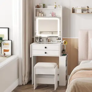 [SummerVibes] Vabches Small Modern Makeup Vanity Desk Furniture - 3 Adjustable Mirrors, White Vanity Set with Fold-up Panel, Charging Station, Glass Top, Drawers, Chair, 2 Hidden Storage Shelves