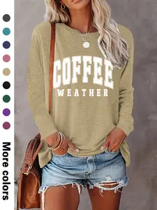 Women's Letter Print Crew Neck T-shirts, Casual Long Sleeve Round Neck T-shirts for Spring & Fall, Fashion Women's Top for Daily Wear