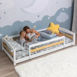 Twin Floor Bed with Safety Guardrails for Kids, Montessori Inspired with Rails and 2 Openings, Twin Size Bed Frame for Girls and Boys - White