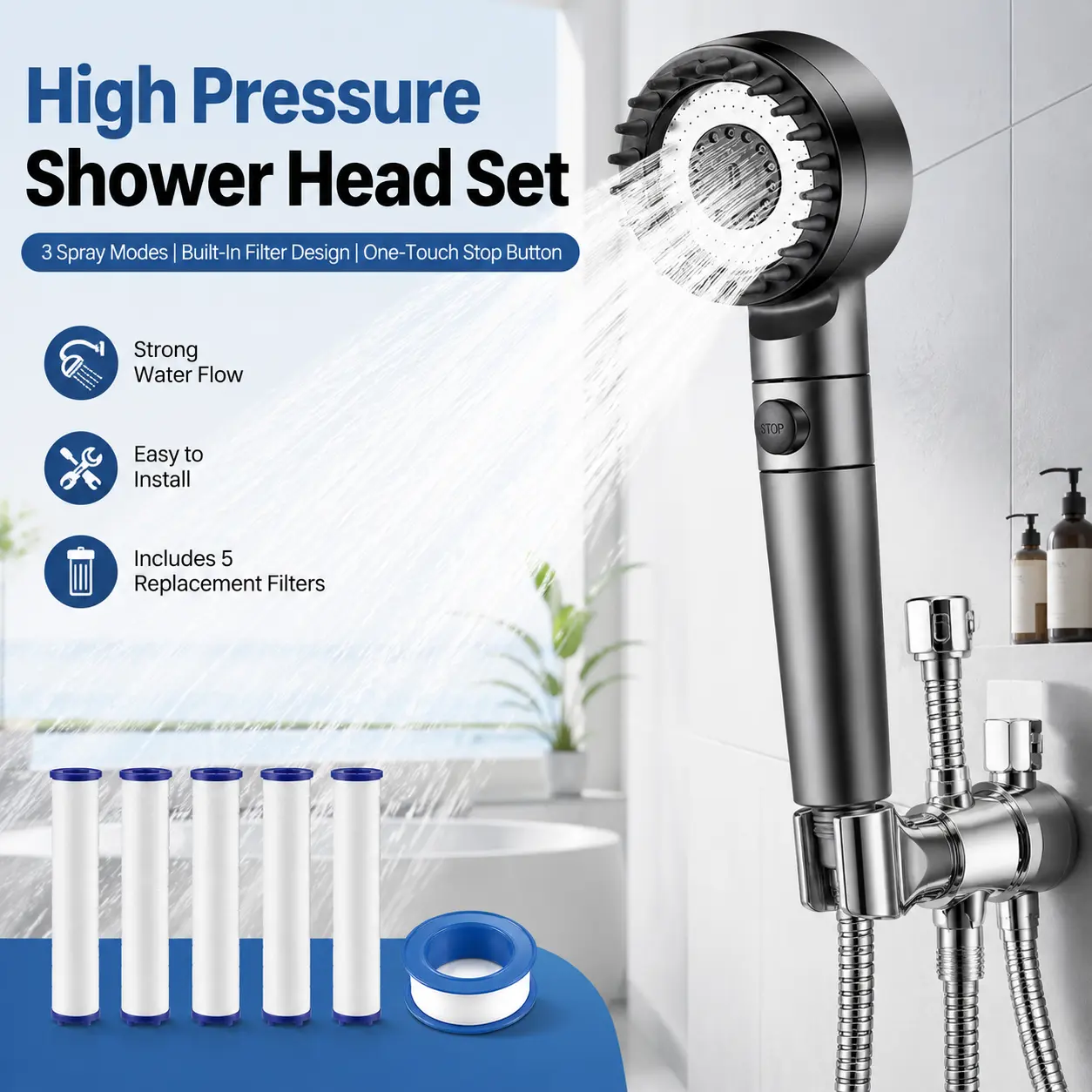 Powerful 3-Mode Handheld Shower Head High Pressure Water Spray with Rainfall Massage Pulse Spray Hybrid Bubble Patterns Premium ABS Material Wall Mount Showerhead Modern Bathroom Upgrade Ideal Summer Shower Accessory Perfect Holiday Gift