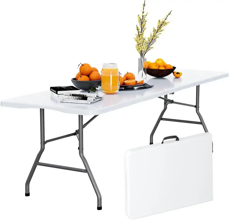 Foldable White 4FT-6FT Rectangular HDPE Top Plastic Tables, Portable Indoor-Outdoor Table with Built-in Handle, Steel Legs for Party, Camping Use (Easy Setup)