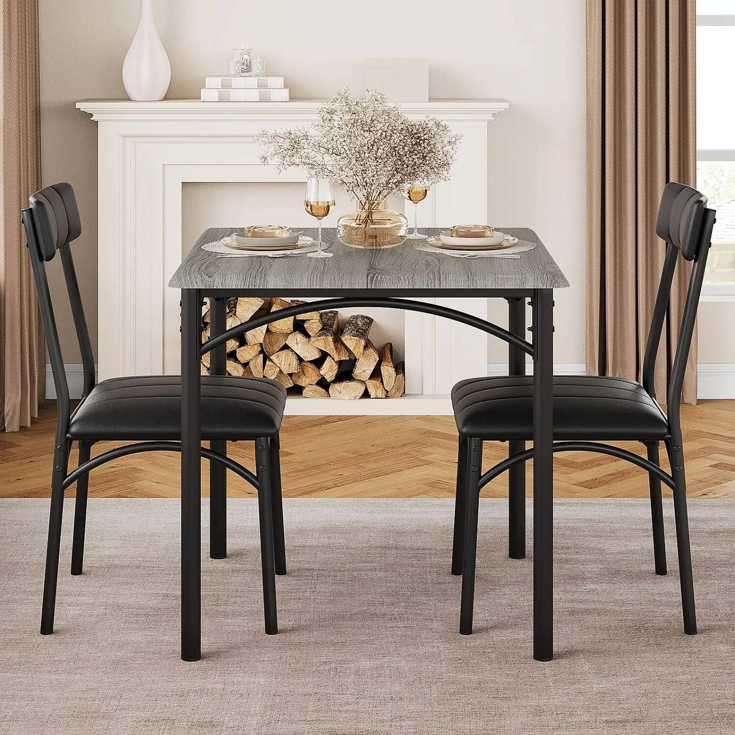 Dining Table Set for 2, Kitchen Table with 2 Upholstered Chairs, 3 Piece Square Dining Room Table Set, for Small Space, Apartment, Home, Kitchen, Retro Gray