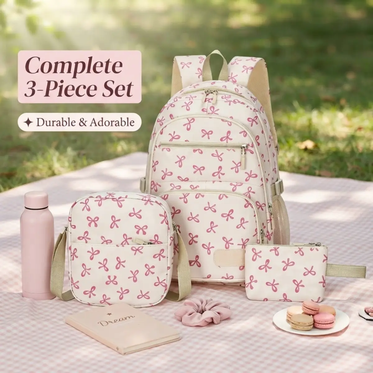 Back to School 3PCS Cute Bow School Backpack Set for Teen Girls, Large Capacity Lightweight Bookbag with Crossbody Bag & Pencil Case, Middle & High School Backpack, School Supplies