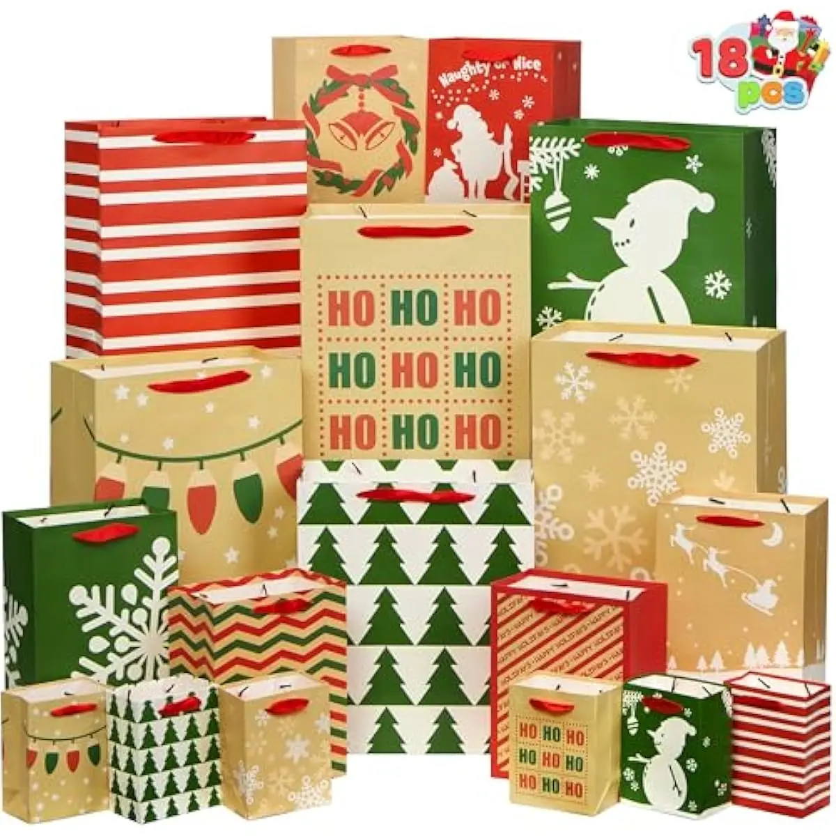 JOYIN 18 PCS Christmas Bags Assorted Sizes Kraft Treat Candy Bags (Small 5.5 Medium 9 Large 13) for Xmas Party Favors Decoration, Holiday Present Wrapping, Thanksgiving Gift Decor