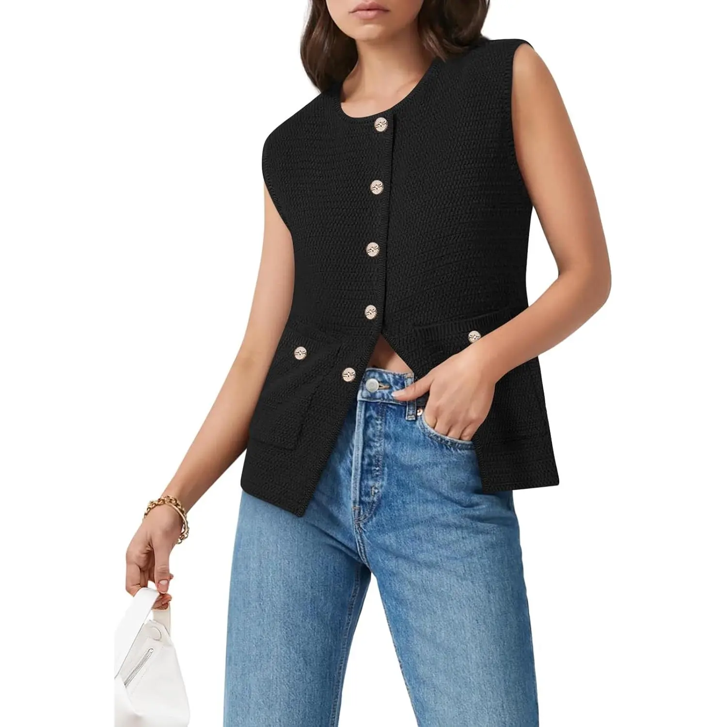 Yousify Womens Sweater Vest Sleeveless Button Down Round Neck Knitted Tank Tops Casual Cardigan for Women