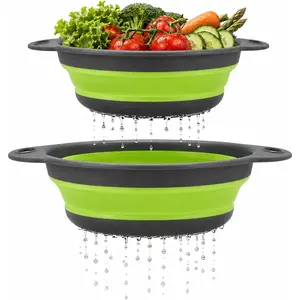 2 Pack Collapsible Silicone Colander with Handle, Over Sink Foldable Food Strainer, BPA-Free Space Saving Drain Basket for Vegetables, Fruits, Pasta, Kitchen & Camping (Green)Gift