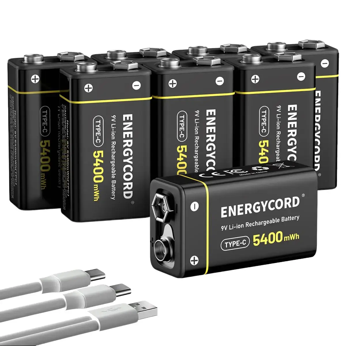 ENERGYCORD 8-Pack Rechargeable 9V Batteries, 5400mWh 9 Volt Lithium-ion Long Lasting Power, USB-C Recharge with 2 in 1 Charging Cable for Smoke Alarms,Multimeters,Microphones,Walkie-Talkie,Toys