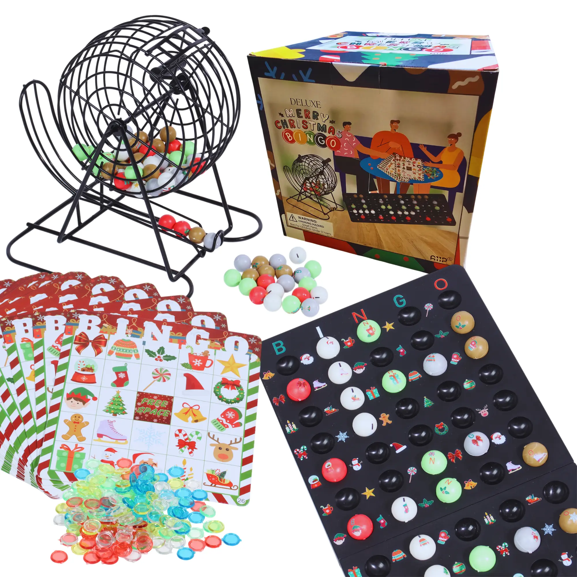 A11P Deluxe Christmas Bingo Set - 8 Inch Metal Cage with Random Ball Selector, 50 Holiday Bingo Cards. Perfect for Family Game Nights, Christmas Parties, Large Groups & Senior Activities. Board Game Fun