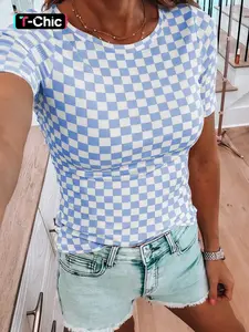 Women's Summer Casual Colorblock Plaid Print Slim Fit Ribbed Round Neck Short Sleeve T-Shirt, Casual Style Tee, Stylish, Chic and Comfortable Fashion Top, Casual Everyday Wear, Fitted