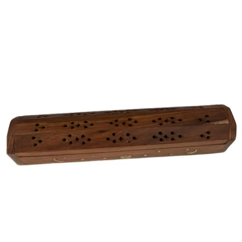 Soporte para quemador de incienso de madera con compartimento de almacenamiento, colector de cenizas con diseño de sol, luna y estrellas.
