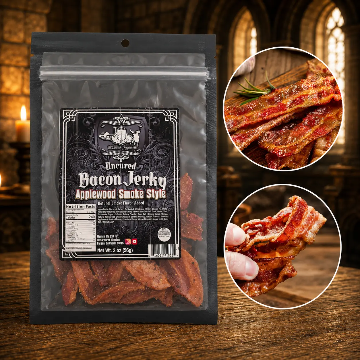 The Armored Kingdom Gourmet Applewood Smoke Style Bacon Jerky Bag - USA-Made Premium Protein Snack with Bacon, Brown Sugar, Honey, Spices - Tender, Ready-to-Eat for Breakfast, Sandwiches
