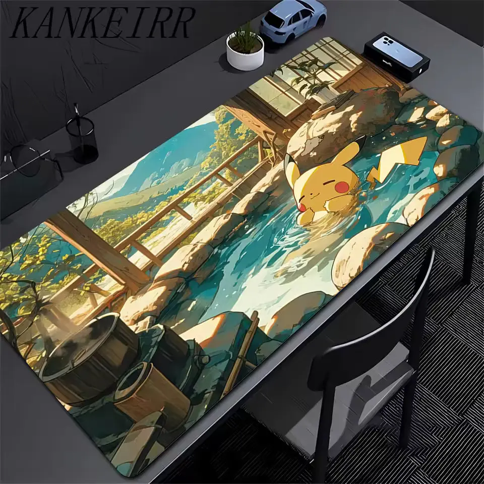 Pokémon TCG Hot Springs Pikachu Extended Desk Mat - 300mm x 700mm Anime Illustration Mouse Pad, High Detail Print, Silk-Smooth Texture, Anti-Slip, Durable, Surface Protection, Aesthetic Office Supplies, Fun Desk Accessories, Cute Office Supplies For Work,