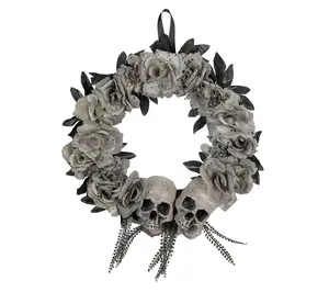Northlight Double Skull and Gray Roses Halloween Wreath 16"