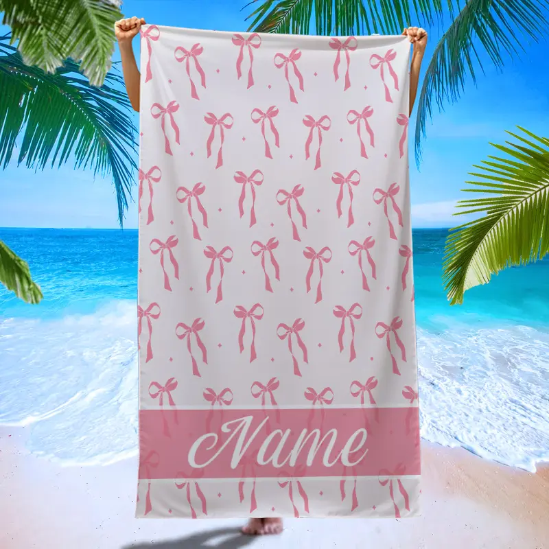 A Personalized Pink Bow Name, Extra-large Microfiber Beach Towel Suitable for Swimmers During Parades, Lightweight Beach Towel for Camping, Swimming, and Picnic Activities. Customize Your Beach Towel, Travel Essentials