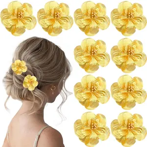 Boho Chic 10PCS Hawaiian Flower Hair Clips - Gold Tropical Barrettes for Parties & Weddings