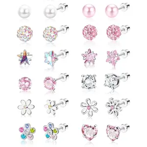 12 Pairs Stainless Steel Hypoallergenic Screw Back Earrings, Classic Y2K Style Studs, Adorable Heart Flower Crystals Pearls Ear Ornaments, Suitable for Daily Wear, Engagement, Valentine's Day