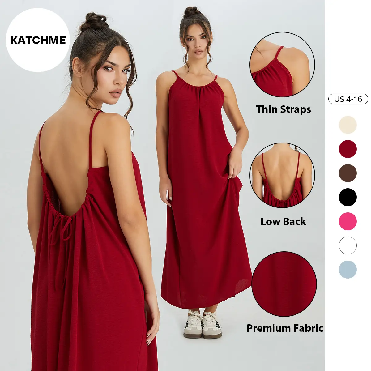 KatchMe Women's Breezy Solid Color Thin Strap Ruched Low Back Loose Maxi Dress, Elegant Adjustable Tie Backless Dress, Summer Sleeveless Women's Clothing for Beach