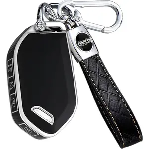 Key Fob Cover for KIA with Leather Keychain, Premium TPU Key Case Shell for Kia Telluride, Sorento, K5 GT-Line Remote Smart Key Fob Protector (5 Buttons, Black-Silver)