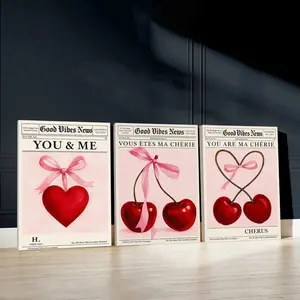 3pcs Set You and Me Wall Art, Unique Artwork, Heartfelt Romance Poster, Chocolate and Love Art Prints, Cherries Connection Home Decor, Home Decor Products, Modern Wall Paintings, Cozy Canvas Posters Wall Arts, Decor for Living Room, Bedroom, With Frame