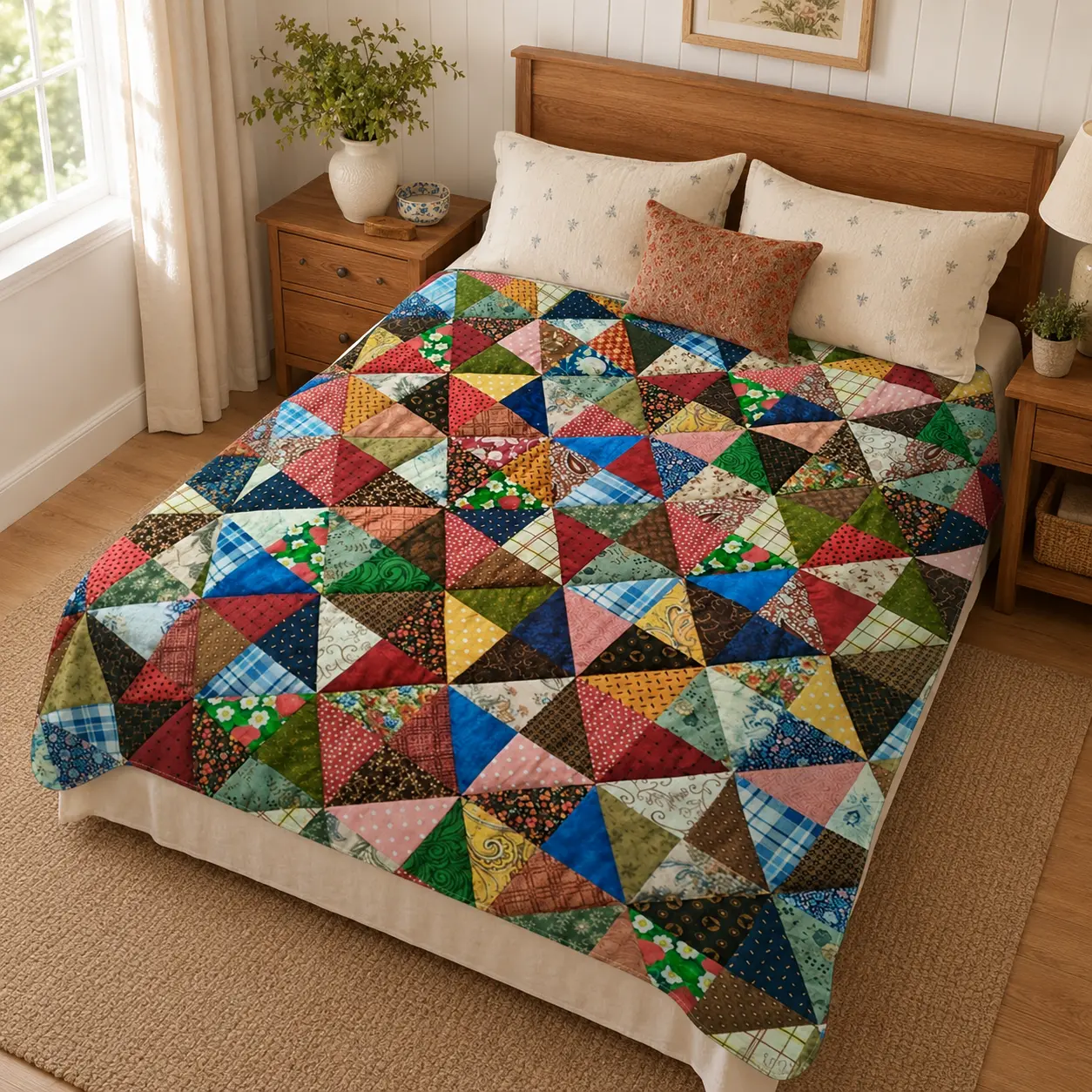 Colorful Vintage Triangle Patchwork Flannel Throw Blanket - Bohemian Geometric, Comfy and Cozy, Textured Fuzzy Plush Quilt for Boho Home, Blanket Decor, Farmhouse Cottage Bedroom Sofa, Ideal Gift for Boho Lovers