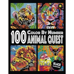 25-100 Animal Quest Color By Number (Black Backgrounds): color quest activity book with 12-color palette