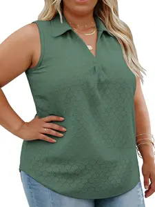 Women’s Plus Size Tank Tops Summer Lapel V-Neck Eyelet Tunic Tops Cute Sleeveless Blouse Casual Comfy Lightweight Loose Fit Polo Collar Shirts XL-5XL RPS2097 vacation