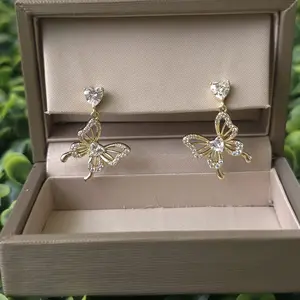 Butterfly Dangle Earrings with Heart CZ stones -14k Gold Plated
