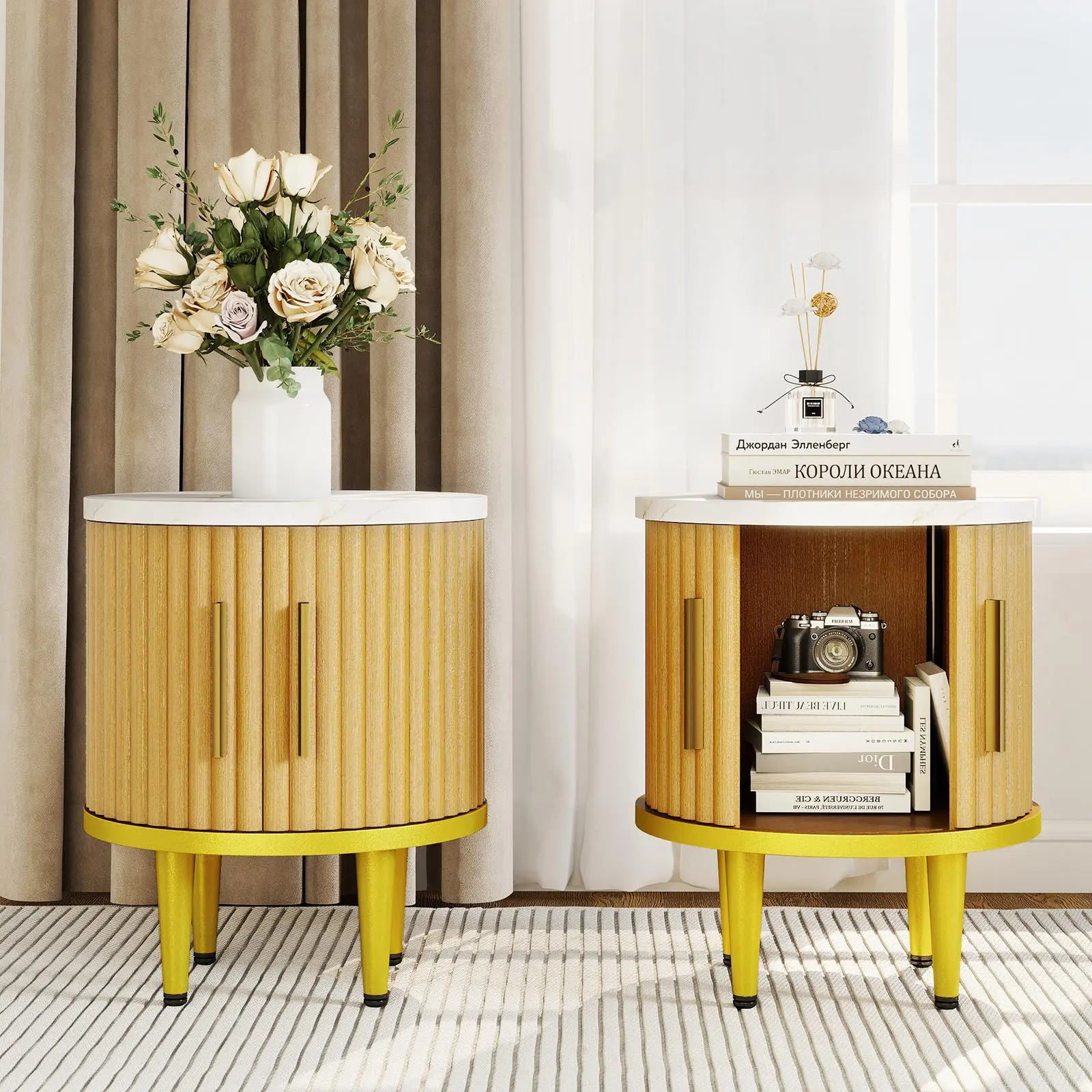 Bohemian 2-Piece Circular Bedside Nightstand Set, Metal Frame Arc-Edge Contemporary Indoor Furniture, Fluted Surface, Metal Handles, Sliding Doors, Golden Legs, Hidden Compartment for Bedroom Decor (Nightstand Table)