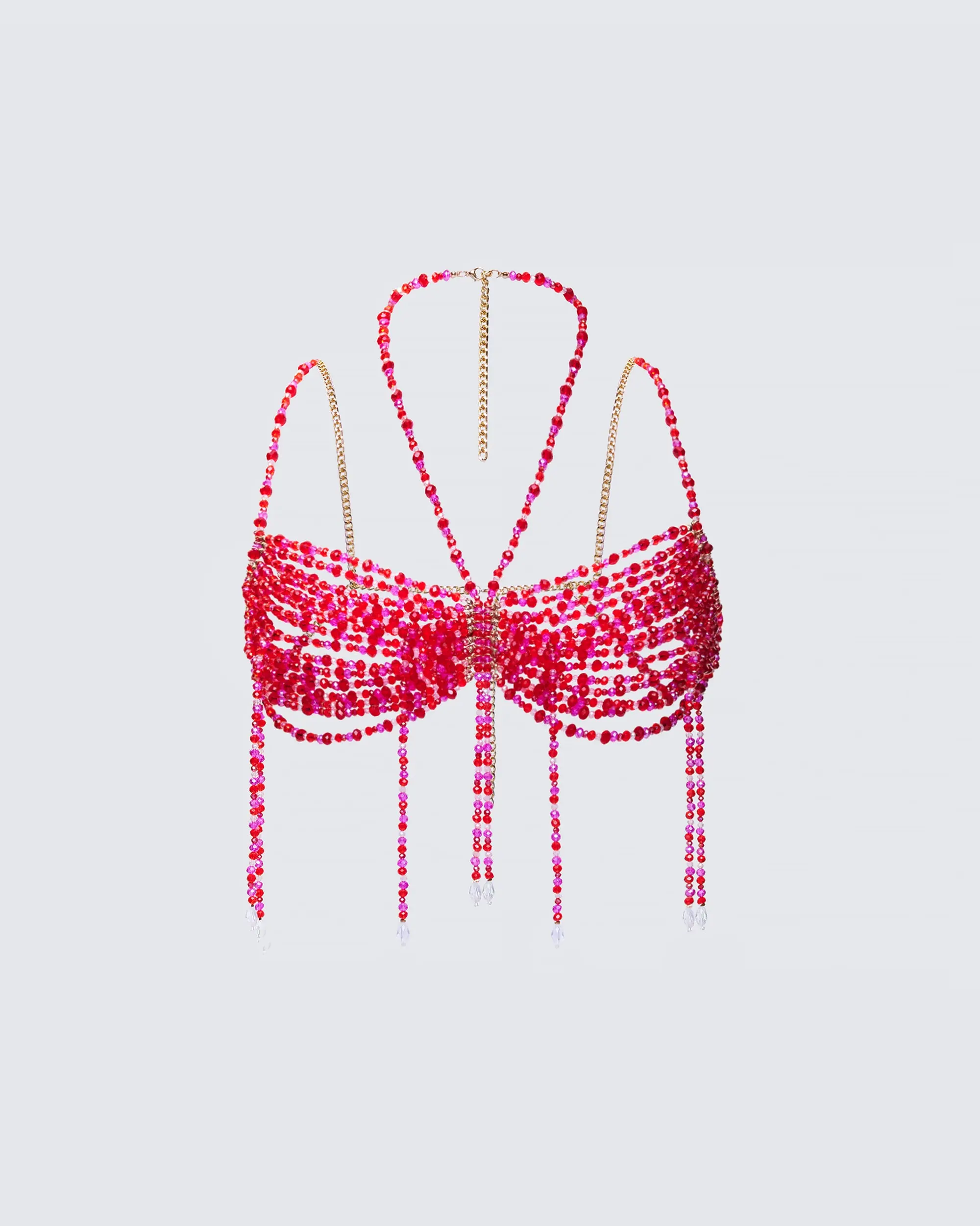 Women's Red Rhinestone Halter Bralette - Lingerie Top with Gold Chain Straps, Underwire Support & Fringe Detail, Rhinestones, Halter Neck, Night Wear, Fit, Resin, Xs, With Underwire Cups, Jewelry Look, Bralette As A Top