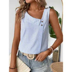 Women'S Asymmetric Neckline Button-Up Blue and White Striped Sleeveless Blouse - Casual Summer Shirt with Front Pocket, Perfect for Weekend Attire, Casual Summer Shirt|Striped Pattern|Asymmetric Neckline
