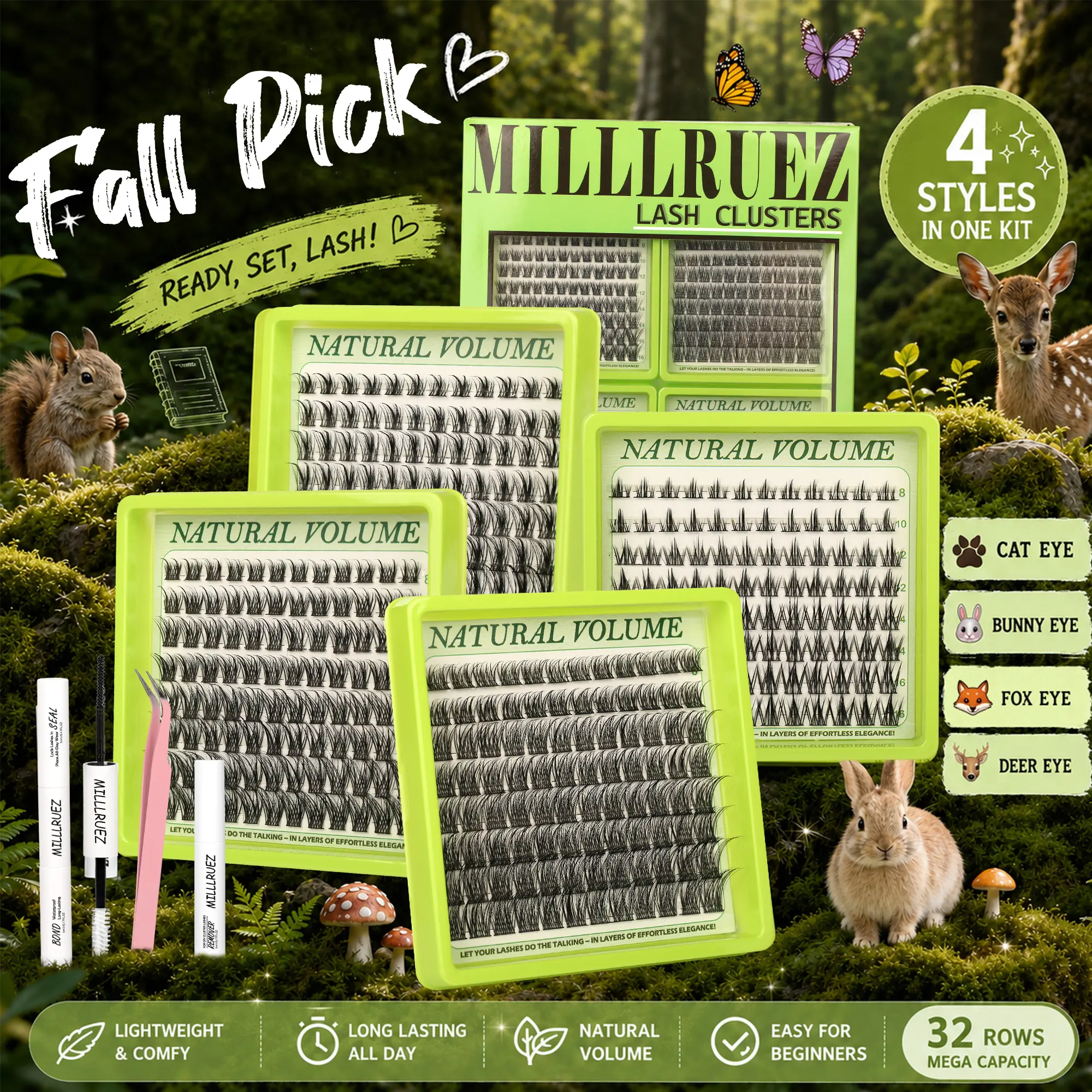4 Nature Styles Lash Cluster Box Set - Cat, Deer, Fairy, Bunny Lash Clusters with Plush False Eyelashes & Adhesives, All-Inclusive for Beginners, Easy DIY at Home, #BackToSchool,familyfun