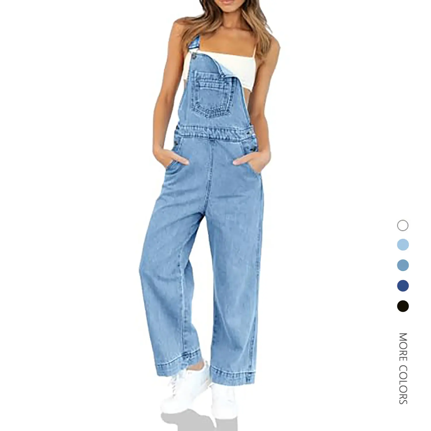 Women's Traditional Vintage Denim Bib Overalls - 90s Style Relaxed-Fit Wide-Leg Jumpsuit, Adjustable Strap Buckles, Side Button Closures, Patch Pockets, Comfortable, Pairable with Crop Tops, Everyday Clothes, Durable Denim, Sleeveless, Overalls Outfit