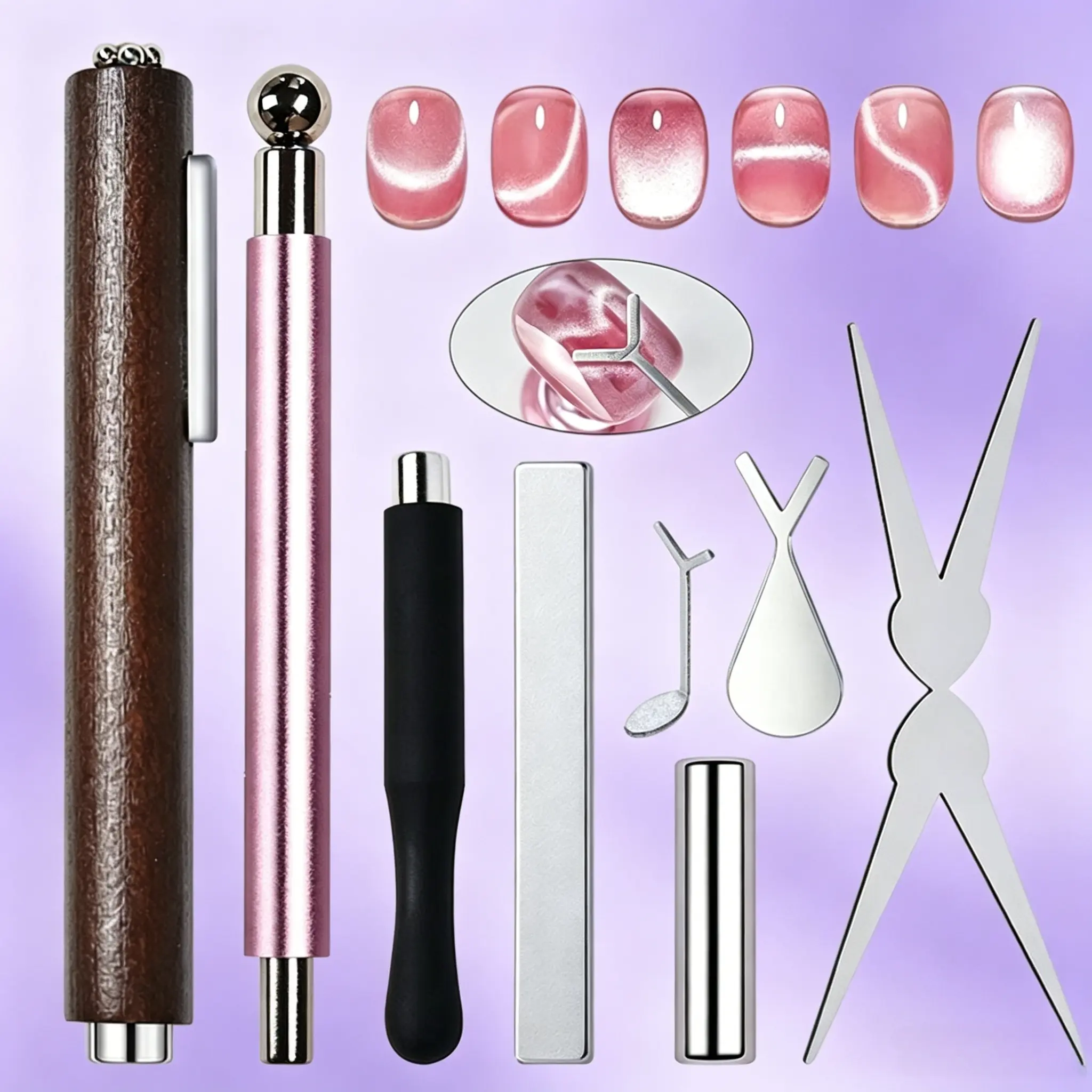8Pcs dual-ended cat eye magnet wands. Mini cigar-shaped magnetic tools. Stable magnetism for stunning cat eye nail art, portable for salon and DIY use