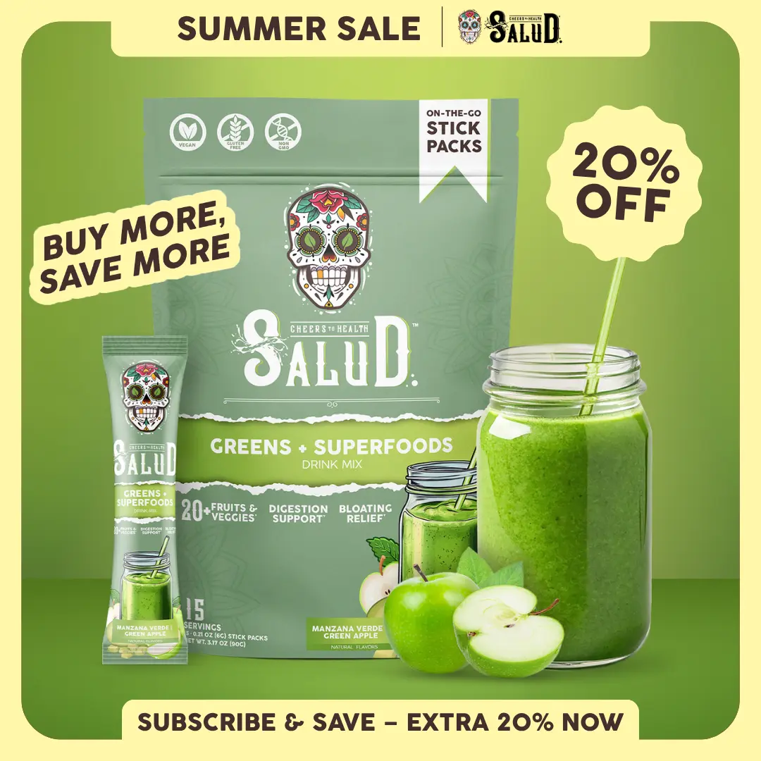 Salud 2-in-1 [Greens + Superfoods - Green Apple] Daily Greens Drink Mix,Agua Fresca,  Gut Health & Bloating Support, Probiotics & Prebiotics, Vegan, Non-GMO, Easy-to-Drink Greens Powder (15 Servings)