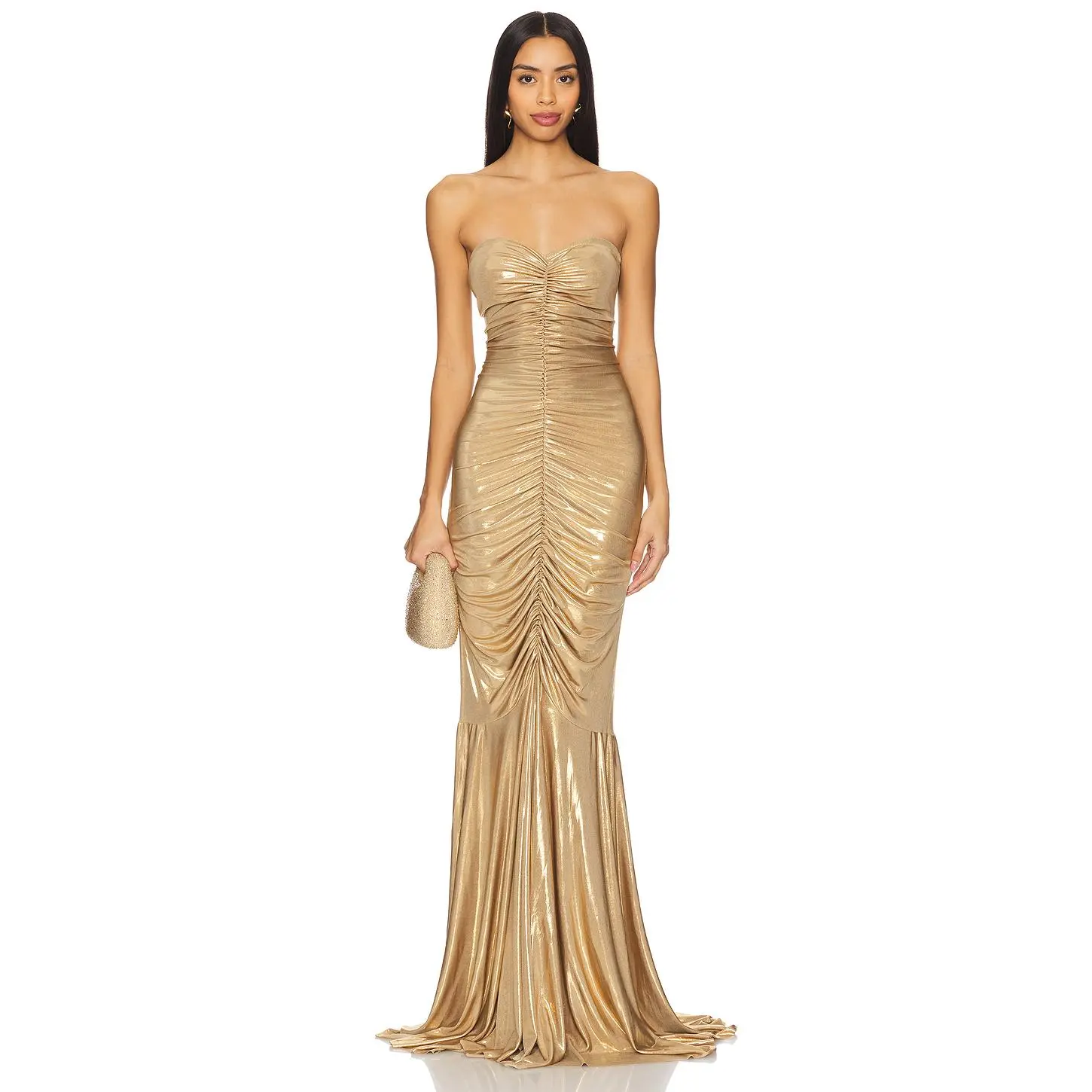 Norma Kamali Strapless Shirred Front Fishtail Gown in Gold Lame