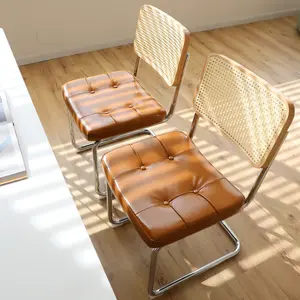 Dining Chairs Set of 2,  Leather Rattan Side Accent Chairs with Chrome Legs, Modern Mid Century Breuer Designed Chairs, Upholstered Dining Living Room Kitchen Chairs (Brown-2pcs)