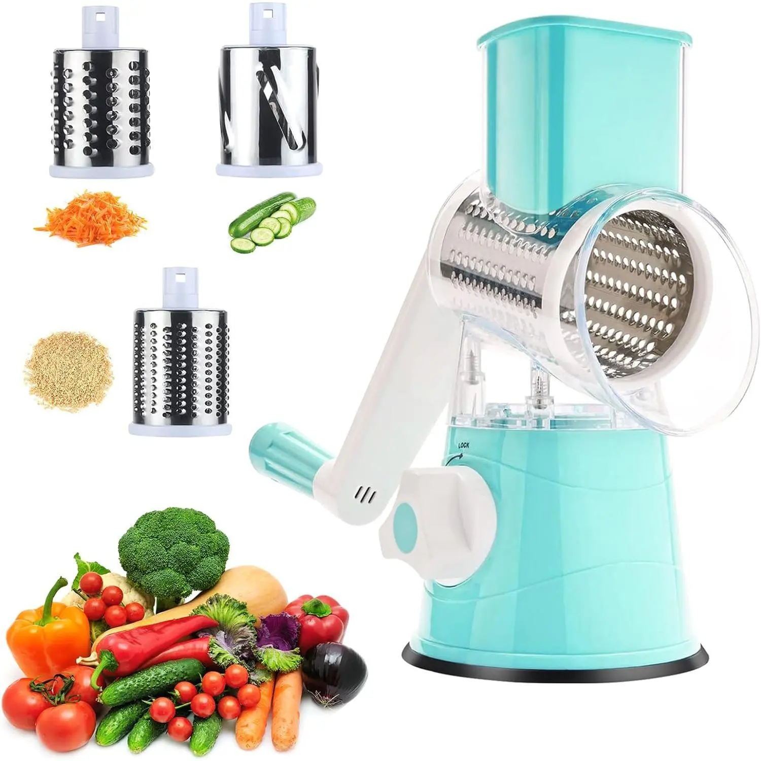 Arthink Manual Rotary Cheese Grater with 3 Stainless Steel Blades - Non-Slip Base Kitchen Utensil, Vegetable & Meat Slicer, Food Shredder for Cooking, Blue, Holiday Gift (Christmas, Thanksgiving)