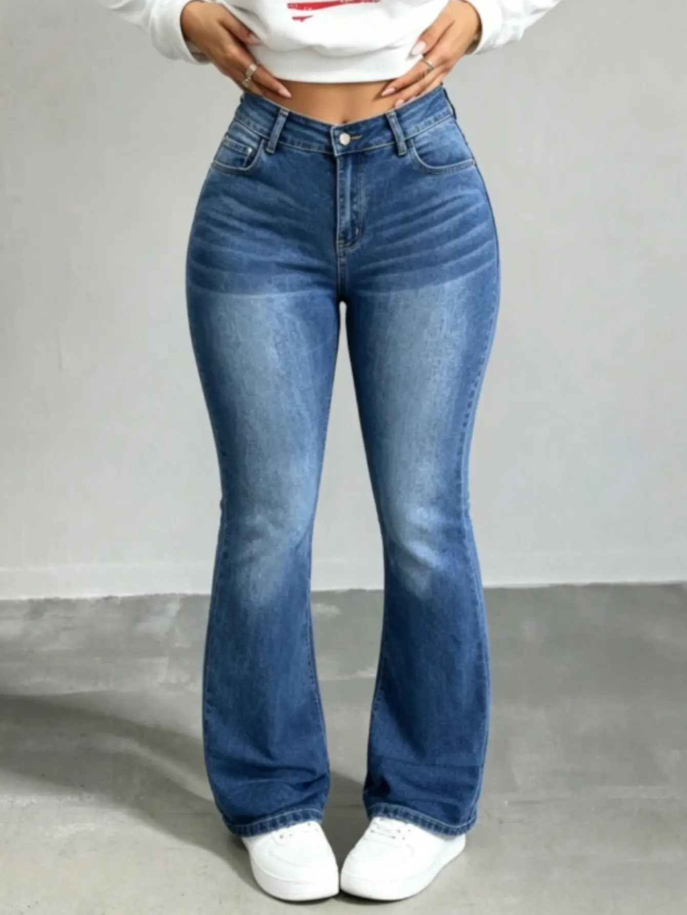 【Plus Size】Women's Plus Size WH53 High-Waisted High-Stretch Crossover Denim Trouser with Pockets, Buttons, Flare Leg, Feminine Comfortable Bootcut Flare Pants, Loose, Jeans For Women